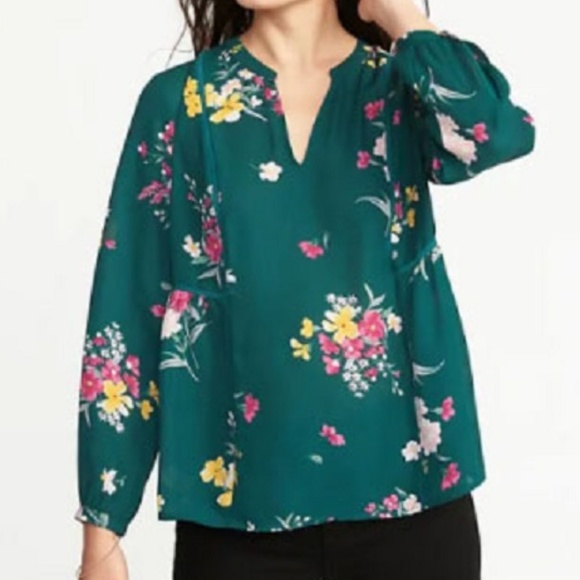 Old Navy Tops - OLD NAVY LS Green Floral Relaxed Blouse L